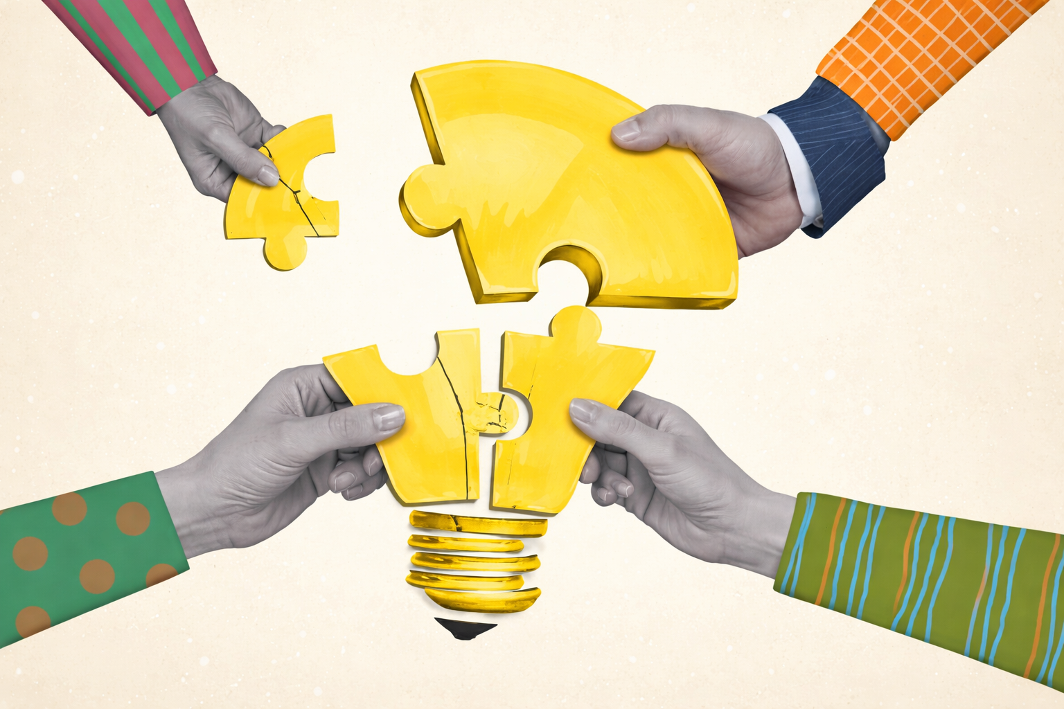 Broken lightbulb puzzle being assembled by multiple hands representing innovation and wealth inequality