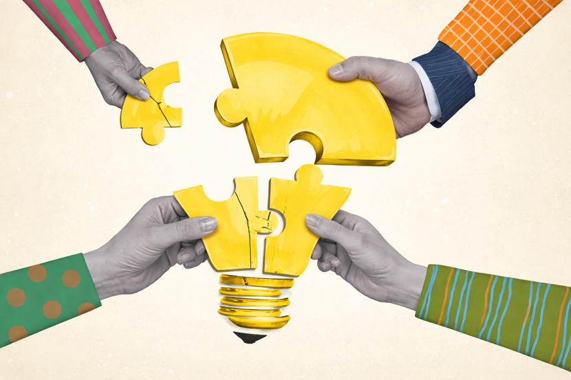 Broken lightbulb puzzle being assembled by multiple hands representing innovation and wealth inequality